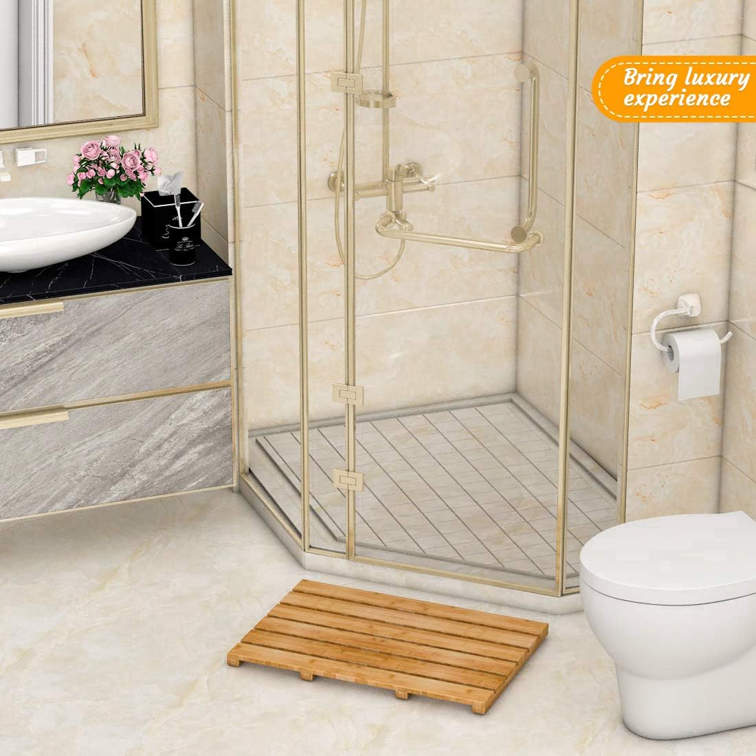 Bamfan bamboo bath mat showing natural wood slats and drainage design