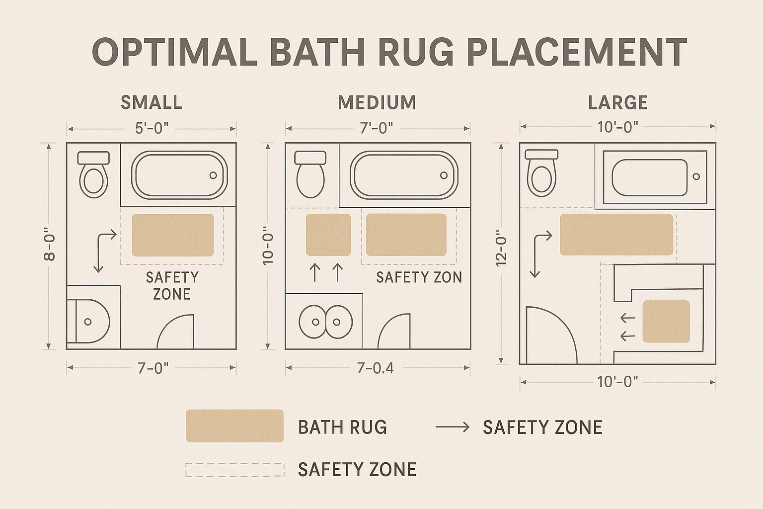 Visual guide showing optimal bath rug placement for different bathroom sizes and layouts