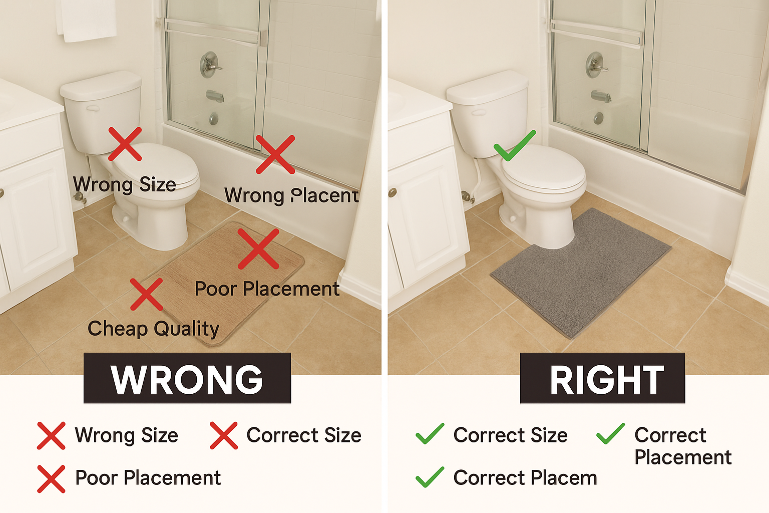 Before and after comparison showing common bath rug placement and selection mistakes