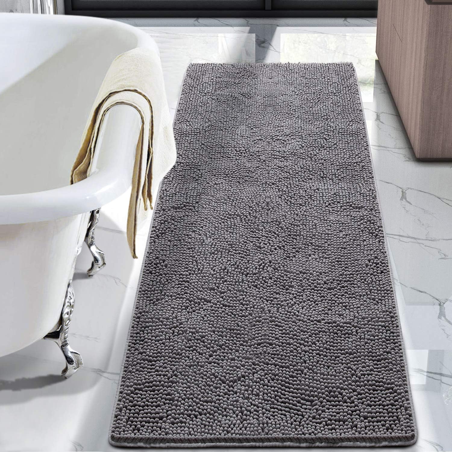 LOCHAS 60-inch runner providing complete bathroom floor coverage from shower to sink