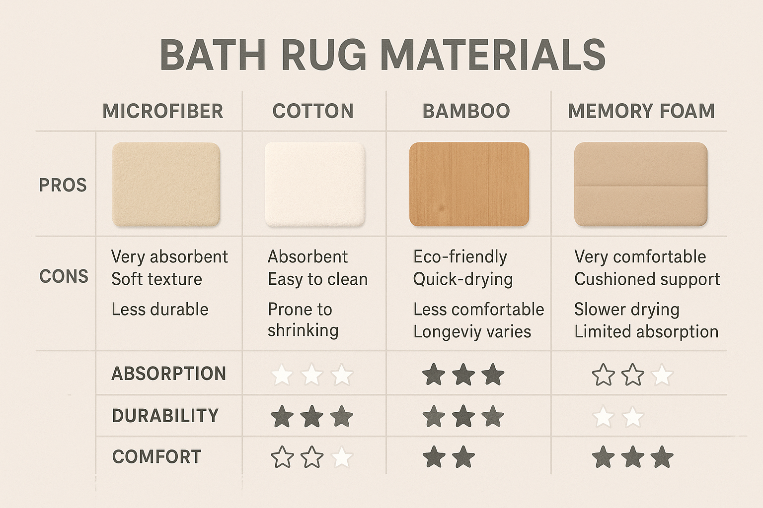 Comparison chart showing synthetic vs natural bath rug materials with pros and cons