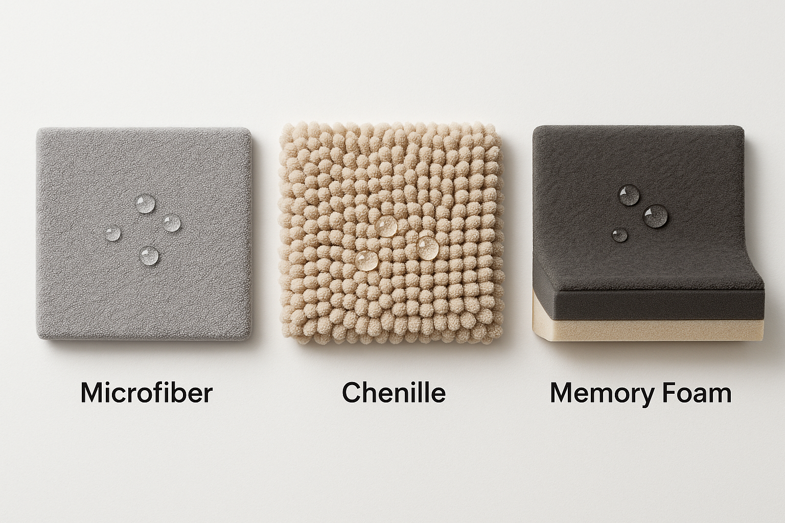 Comparison of three bath rug materials showing microfiber, chenille, and memory foam textures side by side with water droplets demonstrating absorption properties