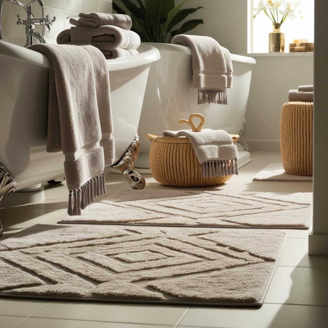 Stunning modern bathroom transformation showing before and after addition of premium bath rugs