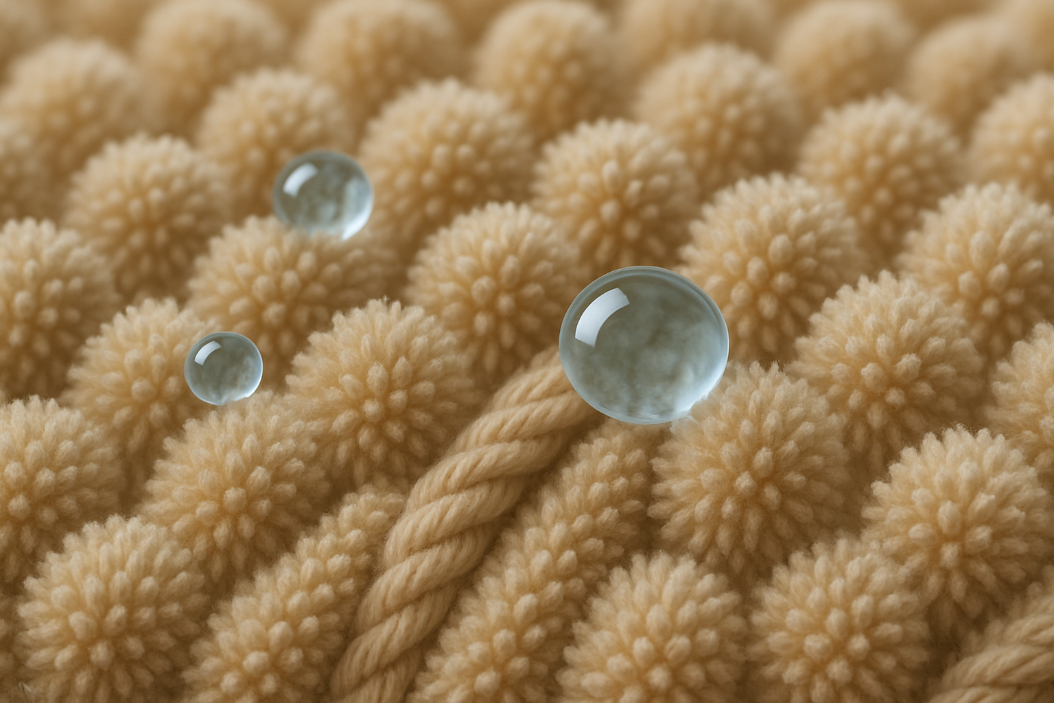 Close-up of chenille bath rug showing the characteristic fuzzy caterpillar-like fibers and plush texture with water droplets demonstrating water-trapping capability