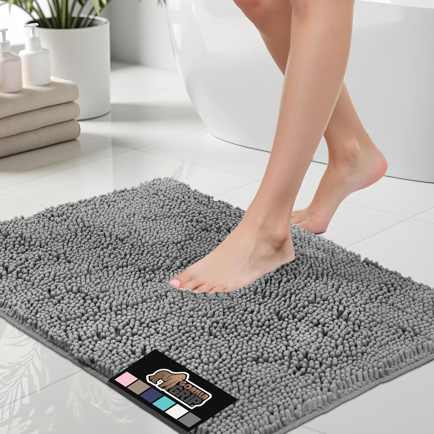 Gorilla Grip chenille bath rug in grey showing thick pile texture and rubber backing