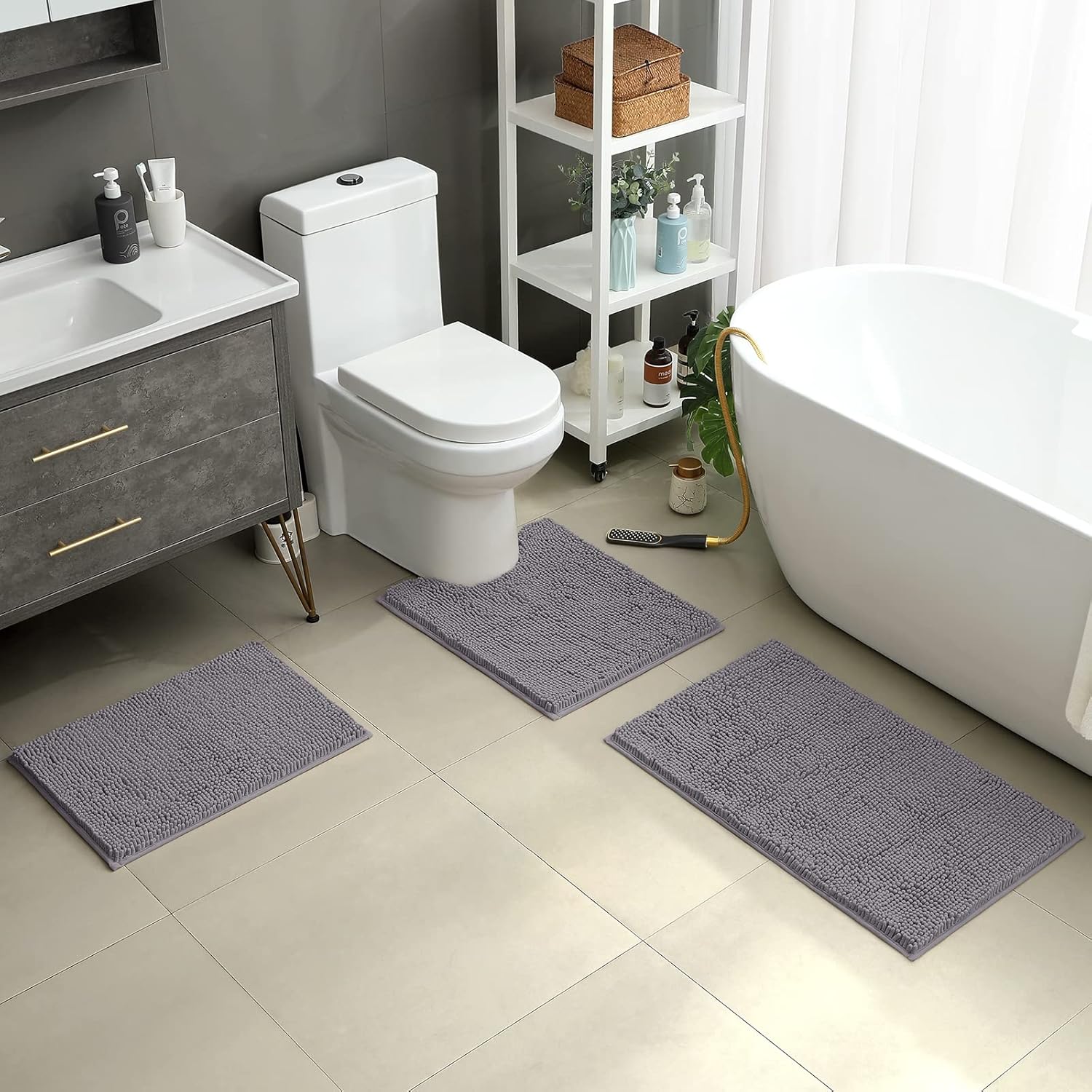 HOMEIDEAS Microfiber Bath Rug in light blue showing ultra-thick 1.2-inch cushion and soft velvety texture