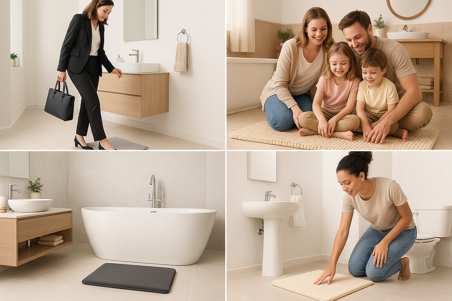 Split image showing different bathroom users and their ideal bath rug materials based on lifestyle needs: busy professional, family with children, luxury bathroom, and comfort-focused user