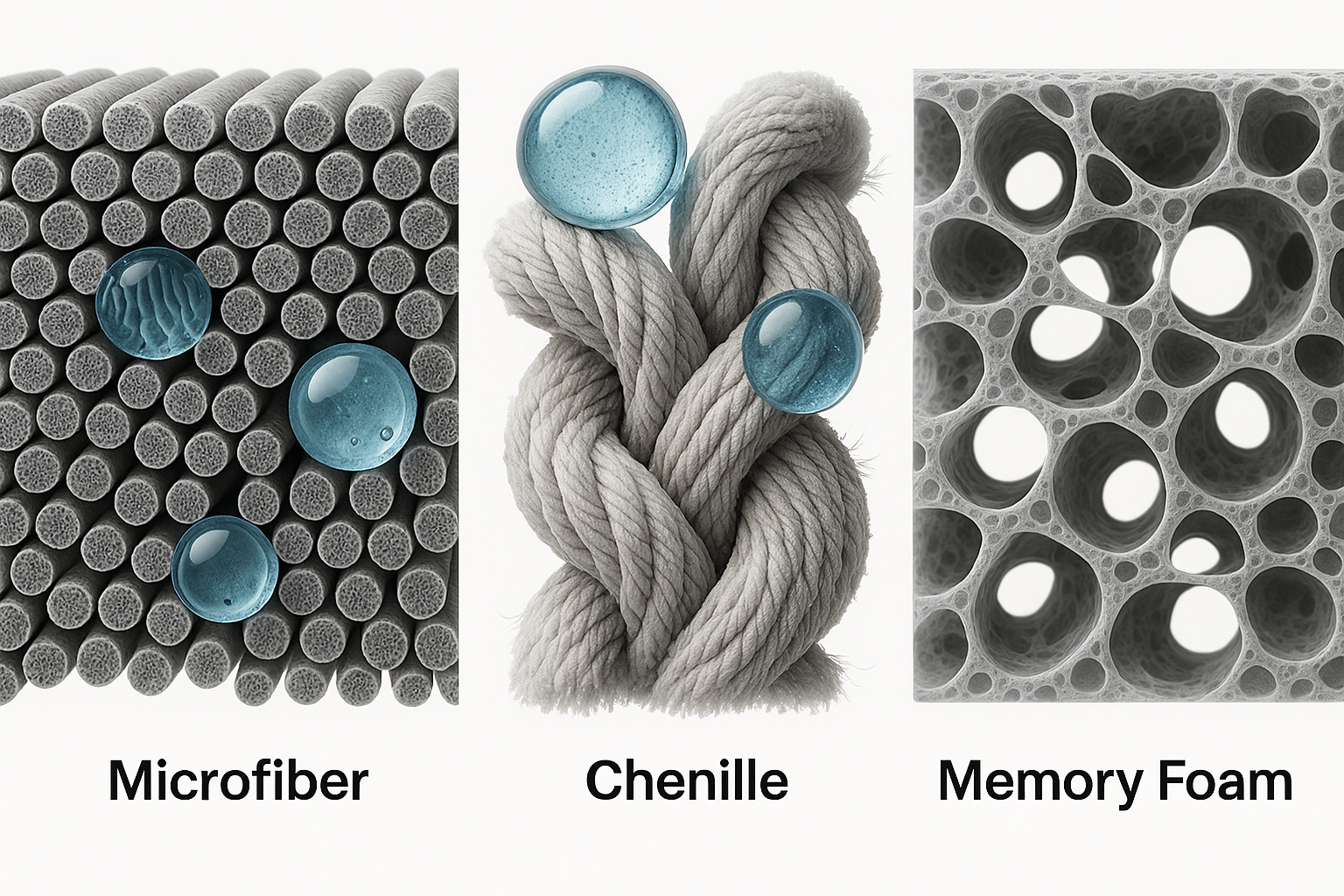 Microscopic view of bath rug materials: microfiber showing ultra-fine synthetic tubes, chenille displaying twisted rope-like construction, and memory foam revealing open-cell porous structure with water droplets demonstrating absorption mechanics