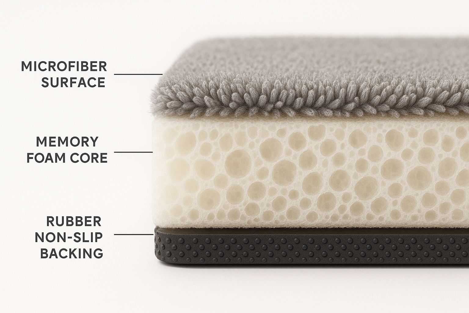 Cross-section view of memory foam bath rug showing the layers: top microfiber surface, memory foam core, and rubber non-slip backing with labeled components