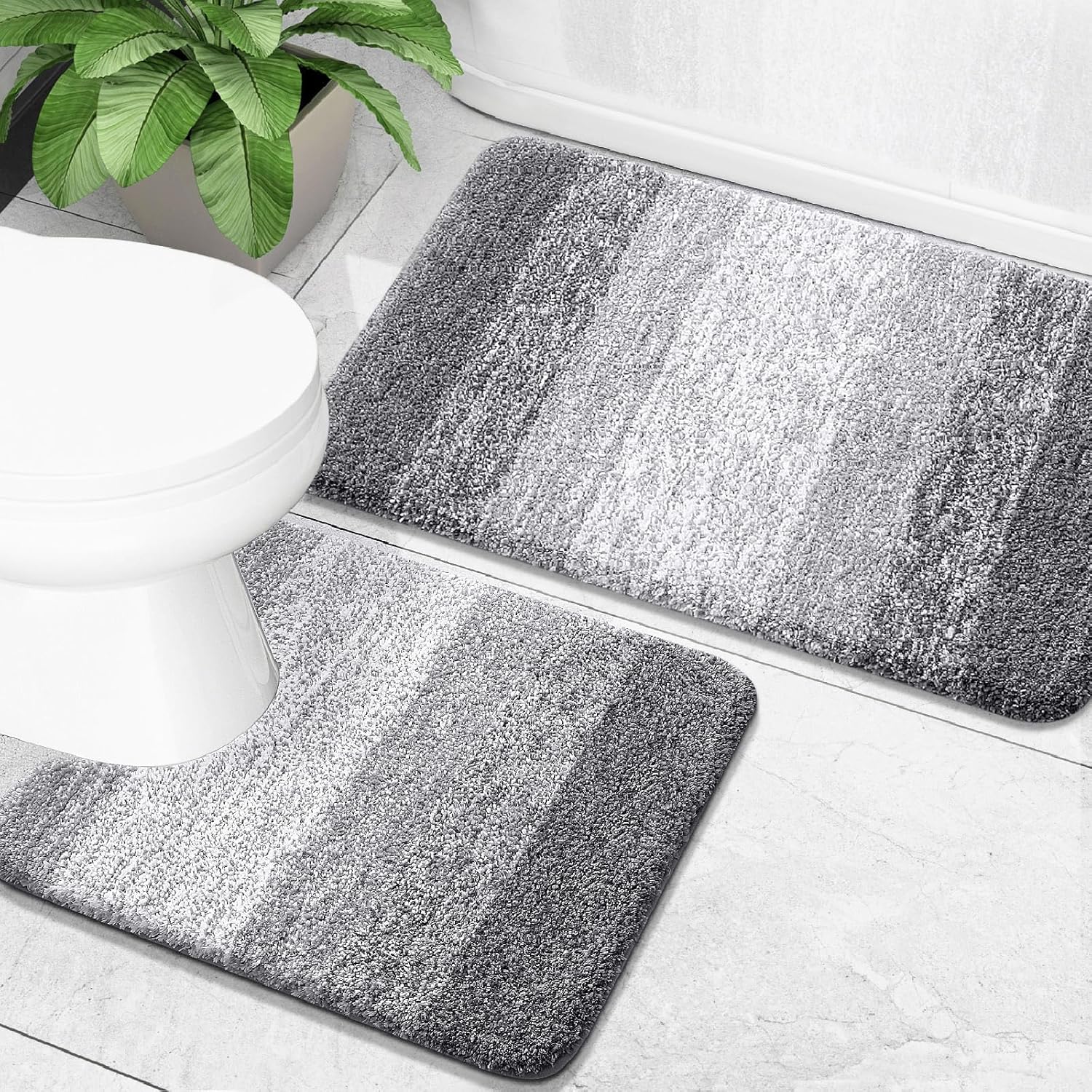 OLANLY U-Shaped Toilet Rug in beige showing contoured design that fits perfectly around toilet base