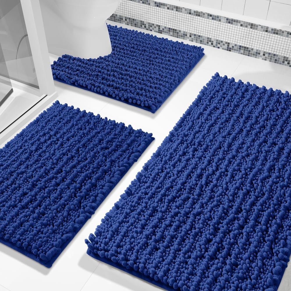Yimobra 3-piece bathroom rug set showing complete bathroom coverage with plush chenille texture